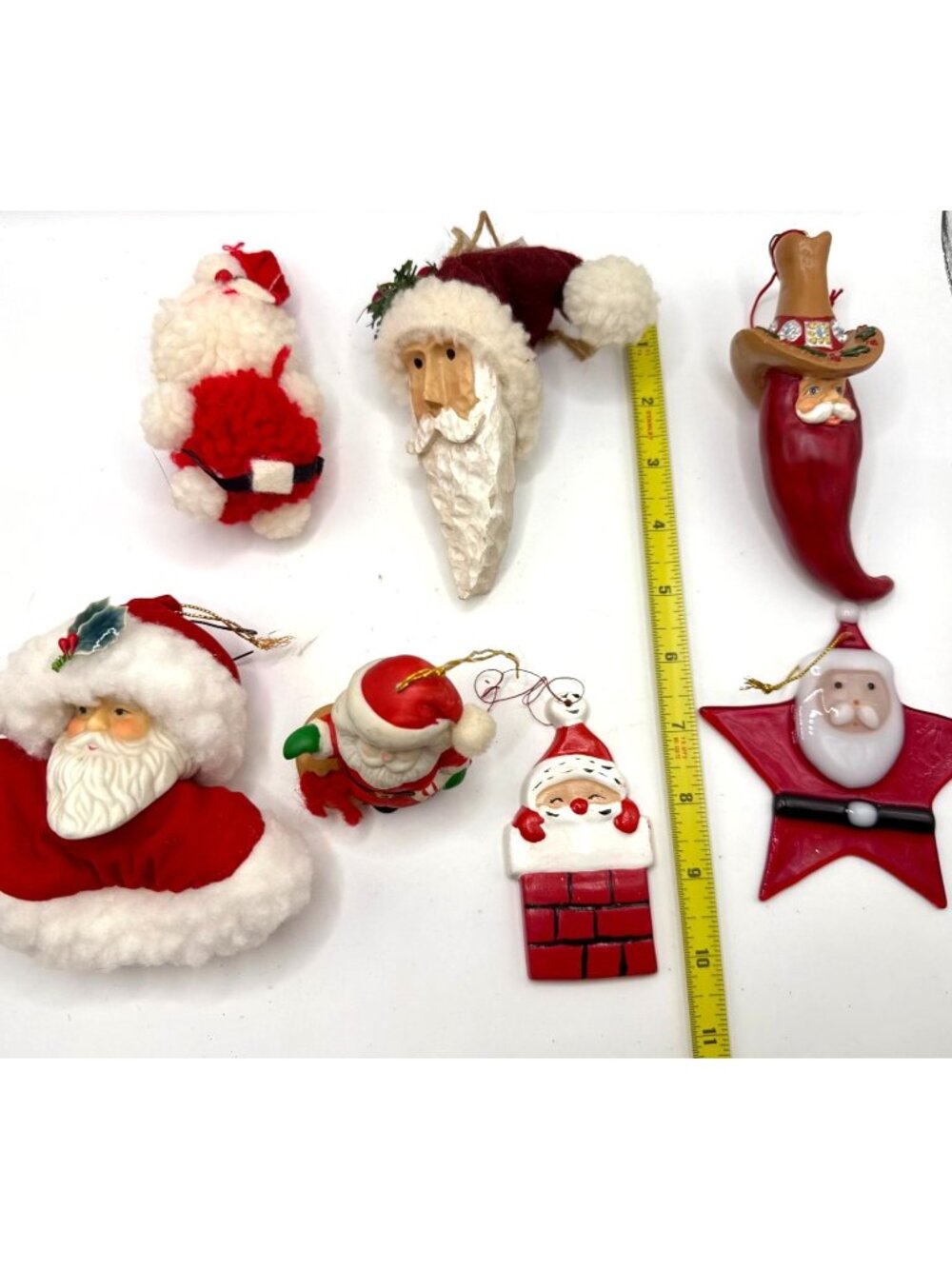 Santa Themed Christmas Ornament Set Of 7 Mixed Materials Red White Holiday Decor